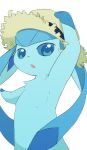  anthro blue_body blue_fur blue_hair clothing eeveelution fur glaceon glistening glistening_eyes hair hat headgear headwear hi_res kemono long_hair looking_at_viewer mutoh_ryo neck_tuft nintendo open_mouth pok&eacute;mon pok&eacute;mon_(species) raised_arm simple_background solo standing straw_hat tuft video_games white_background 