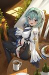  1girl :d absurdres asymmetrical_hair black_gloves blush bodysuit bottle breasts brown_eyes chair coffee_mug cup curtains eula_(genshin_impact) food fork from_side genshin_impact gloves goback hair_ornament hairband highres knife large_breasts light_blue_hair long_sleeves looking_at_viewer looking_to_the_side looking_up medium_hair mug on_table open_mouth plate shadow sitting skindentation smile solo sunlight table thigh_strap thighhighs utensil 