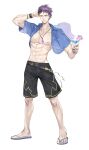  1boy bare_pectorals fate/grand_order fate_(series) highres jewelry lancelot_(fate/grand_order) male_swimwear martini muscular muscular_male necklace open_clothes open_shirt pectorals purple_hair sandals short_hair solo swim_trunks wristband yepnean 