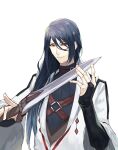  1boy azoth_knife bishounen black_hair bridal_gauntlets brown_eyes fate/prototype fate/prototype:_fragments_of_blue_and_silver fate_(series) hair_between_eyes long_hair male_focus paracelsus_(fate) smile solo wide_sleeves yepnean 