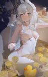  +_+ 0_0_0 1girl absurdres animal_ears armpits azur_lane bare_shoulders bathing blue_eyes blush bottle braid breasts closed_mouth collarbone fake_animal_ears food fruit hairband heart highres le_malin_(azur_lane) le_malin_(listless_lapin)_(azur_lane) lemon lemon_slice leotard long_hair looking_at_viewer medium_breasts official_alternate_costume pantyhose partially_submerged rabbit_ears revealing_clothes rubber_duck silver_hair smile solo twin_braids vase very_long_hair water white_hairband white_legwear white_leotard 