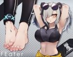 1girl :o absurdres animal_ears anklet arknights armpits arms_behind_head arms_up barefoot bear_ears black_hair black_pants blush character_name clothes_around_waist collarbone english_commentary eyebrows_behind_hair eyewear_on_head feater_(arknights) feater_(dojo_star)_(arknights) feet gradient gradient_background grey_background hair_over_one_eye highres infection_monitor_(arknights) jewelry k-rha&#039;s long_hair looking_at_viewer multicolored_hair multiple_views navel official_alternate_costume oripathy_lesion_(arknights) pants parted_lips red_eyes rhodes_island_logo silver_hair sports_bra stomach sunglasses sweat thick_eyebrows toes twintails two-tone_hair yoga_pants 