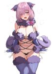  1girl animal_ears bare_shoulders blush bow breasts cleavage elbow_gloves eyebrows_visible_through_hair fake_animal_ears fake_tail fate/grand_order fate_(series) feet_out_of_frame fur-trimmed_gloves fur-trimmed_legwear fur_collar fur_trim gloves hair_over_one_eye head_tilt highres large_breasts looking_at_viewer mash_kyrielight mash_kyrielight_(dangerous_beast) navel open_mouth pink_bow purple_eyes purple_legwear revealing_clothes short_hair simple_background sitting solo stomach tail thigh_gap togo_(korlsj1235) white_background wolf_ears wolf_tail 