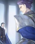  2boys agravain_(fate) armor black_hair cape fate/grand_order fate_(series) fur-trimmed_cape fur_trim lancelot_(fate/grand_order) male_focus multiple_boys pillar purple_hair short_hair sword weapon yepnean 