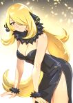  1girl alternate_costume black_dress blonde_hair breasts brown_eyes cherry_in_the_sun cleavage closed_mouth commentary cynthia_(pokemon) dress english_commentary evening_gown floating_hair fur_collar fur_cuffs hair_ornament hair_over_one_eye leaning_forward long_dress long_hair looking_at_viewer medium_breasts pokemon pokemon_(game) pokemon_dppt shiny shiny_hair shiny_skin side_slit sleeveless sleeveless_dress smile solo standing strapless strapless_dress very_long_hair wrist_cuffs 