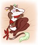  accessory anthro bovid bovine cattle christmas clothing ear_tag female hair_accessory hair_bow hair_ribbon hi_res holidays hooves legwear lingerie mammal nicnak044 pinup pose ribbons solo stockings 