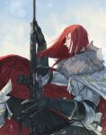  1boy armor cape closed_eyes dragunov_svd fate/grand_order fate_(series) fur-trimmed_cape fur_trim gloves gun holding holding_gun holding_weapon long_hair red_hair rifle sniper_rifle solo tristan_(fate) weapon yepnean 