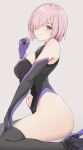  1girl bare_shoulders bee_doushi between_legs black_legwear bodysuit breasts cleavage cleavage_cutout clothing_cutout detached_sleeves elbow_gloves fate/grand_order fate_(series) gloves hair_over_one_eye hand_between_legs hand_up highres kneeling leotard looking_at_viewer mash_kyrielight navel navel_cutout one_eye_covered pink_hair purple_eyes small_breasts smile solo thick_thighs thighhighs thighs white_background 