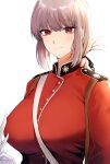  1girl absurdres bangs breasts closed_mouth eyebrows_visible_through_hair fate/grand_order fate_(series) florence_nightingale_(fate) gloves grey_hair highres large_breasts long_sleeves looking_at_viewer memero_7272 military military_uniform red_eyes shiny shiny_hair short_hair simple_background smile solo uniform upper_body white_background white_gloves 