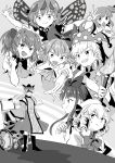  6+girls american_flag_dress antennae bad_id bad_pixiv_id blush bow butterfly_wings cirno closed_mouth clownpiece constellation_print daiyousei downscaled dress drill_hair eternity_larva eyebrows_visible_through_hair fairy fang greyscale hair_between_eyes hair_bow hat highres holding holding_torch jester_cap kneehighs leaf leaf_on_head long_hair luna_child matara_okina monochrome multiple_girls okome56565 open_mouth outstretched_arms polka_dot_headwear resized shaded_face short_hair side_ponytail skirt smile spread_arms star_(symbol) star_print star_sapphire striped striped_dress sunny_milk tabard third-party_source torch touhou touhou_sangetsusei wheelchair wings 