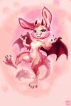  4_fingers absurd_res anthro breasts claws dragon eyebrows eyelashes female fingers fur furred_dragon hi_res hybrid karol_pawlinski lagomorph leporid mammal membrane_(anatomy) membranous_wings pink_body pink_fur purple_eyes rabbit smile solo teeth wings 