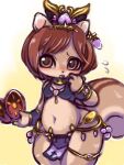  2021 anthro armband blush bottomwear brown_eyes brown_hair chipmunk choker clothed clothing crown diru female gradient_background ground_squirrel hair hi_res holding_object jewelry kemono legband loincloth mammal navel necklace rodent sciurid short_stack simple_background skimpy solo standing 
