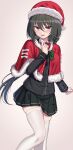  1girl absurdres black_jacket blazer blush buttons feet_out_of_frame fur_trim green_hair hair_between_eyes hat highres jacket long_hair long_sleeves looking_at_viewer open_mouth original pleated_skirt red_eyes santa_hat school_uniform simple_background skirt solo thighhighs white_legwear yakob_labo 