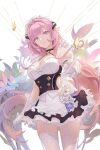  1girl alternate_costume breasts bug butterfly cleavage closed_mouth dress_flower elbow_gloves elysia_(honkai_impact) enmaided eyebrows_visible_through_hair flower garter_straps gloves grills highres honkai_(series) honkai_impact_3rd large_breasts long_hair looking_at_viewer maid maid_headdress pink_hair pointy_ears smile solo taichi_(yirkorn) thighhighs white_gloves white_legwear 