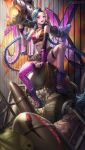  1girl :d bandaid bandaid_on_knee bangs bare_shoulders blue_hair box_(hotpppink) braid breasts bullet bullet_necklace character_name fingerless_gloves gloves graffiti highres jinx_(league_of_legends) league_of_legends long_hair looking_at_viewer navel pink_eyes single_thighhigh sitting small_breasts smile solo tattoo thighhighs twin_braids very_long_hair watermark web_address 