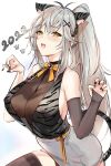  1girl 2022 alracoco animal_ears bangs bare_shoulders blush breasts highres large_breasts long_hair looking_at_viewer open_mouth original ponytail silver_hair solo tail thighs tiger_ears tiger_stripes tiger_tail yellow_eyes 