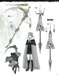  1girl absurdres add_(fate) artist_request boots buttons capelet character_sheet cloak dress expressionless fate_(series) floating full_body fur_trim gray_(fate) green_eyes grey_hair highres holding holding_scythe hood kneehighs lord_el-melloi_ii_case_files multiple_views official_art ornate_clothes rhongomyniad_(fate) scythe shirt skirt solo standing translation_request 