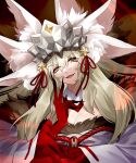  1girl animal_ear_fluff animal_ears bangs bare_shoulders beast_iv:l blonde_hair breasts cleavage detached_collar extra_ears fangs fate/grand_order fate_(series) fox_ears fox_girl fox_tail fur_collar hair_between_eyes headpiece japanese_clothes kimono koyanskaya_(fate) large_breasts long_hair long_sleeves looking_at_viewer off_shoulder open_mouth rope sash shunshu_pietari sidelocks smile solo tail tamamo_(fate) very_long_hair white_kimono wide_sleeves yellow_eyes 