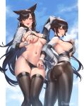  2girls absurdres animal_ears ass atago_(azur_lane) atago_(stunning_speedster)_(azur_lane) azur_lane bangs bare_shoulders bikini bikini_pull black_bikini black_hair black_legwear bow breasts brown_eyes cleavage clothes_pull covered_nipples cuboon dog_ears elbow_gloves extra_ears eyebrows_visible_through_hair floating_hair from_behind gloves hair_bow hair_flaps hair_ribbon highres large_breasts leotard leotard_pull long_hair looking_at_viewer mole mole_under_eye multiple_girls navel open_mouth pantyhose ponytail pulled_by_self race_queen ribbon shrug_(clothing) signature smile standing swept_bangs swimsuit takao_(azur_lane) takao_(full_throttle_charmer)_(azur_lane) thighhighs twitter_username very_long_hair white_bow white_ribbon wrist_cuffs 