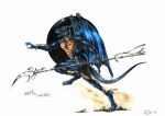  2005 action_pose anklet anthro blue_body blue_scales blue_tail blue_wings bracelet dragon extended_arm holding_object holding_weapon horn jewelry loincloth_only male malystrx necklace pecs pose running scales side_view signature simple_background solo weapon wings 