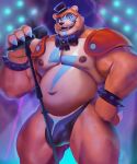 2022 animatronic anthro barazoku belly big_belly big_bulge big_muscles blurred_background bow_tie bracelet bulge claws clothing dsharp_k ear_piercing ear_ring eyebrows facial_markings five_nights_at_freddy&#039;s five_nights_at_freddy&#039;s:_security_breach glamrock_freddy_(fnaf) hand_on_hip hat head_markings headgear headwear jewelry looking_at_viewer machine male mammal markings microphone musclegut muscular muscular_anthro muscular_male navel nipples open_mouth open_smile pecs piercing robot scottgames shoulder_pads smile solo spiked_bracelet spikes spotlight standing teeth thick_thighs thong top_hat underwear ursid video_games 