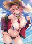  1girl armpits bare_shoulders between_breasts bikini black_choker blue_eyes breasts choker cleavage contrapposto fur_trim glasses halterneck hand_on_hip hat highres hololive jacket kubota_masaki large_breasts looking_at_viewer mismatched_bikini multicolored_hair navel necktie necktie_between_breasts off_shoulder open_clothes open_jacket pink_hair purple_jacket short_hair skindentation solo standing stomach strap_pull straw_hat streaked_hair string_bikini swimsuit takane_lui thigh_strap thighs virtual_youtuber wet 