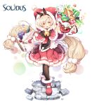  1girl :d absurdres arm_up bangs basket bell black_legwear blonde_hair boots capelet character_request commentary copyright_name crossed_legs eyebrows_visible_through_hair full_body fur-trimmed_boots fur-trimmed_capelet fur-trimmed_hood fur-trimmed_mittens fur-trimmed_skirt fur_trim hair_between_eyes highres holding holding_basket hood hood_up hooded_capelet jingle_bell long_hair low_twintails mittens pantyhose pleated_skirt poseich red_capelet red_footwear red_mittens red_skirt santa_costume shirt skirt smile solidus solo standing star_(symbol) teeth twintails upper_teeth very_long_hair white_background white_shirt yellow_eyes 