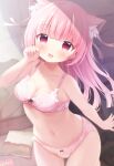  1girl animal_ear_fluff animal_ears arm_up bangs blunt_bangs blush bow bow_bra bow_panties bra breasts cat_ears cat_girl cleavage highres kotoriifu long_hair looking_at_viewer navel open_mouth original panties paw_pose pink_bra pink_eyes pink_hair pink_panties print_bra print_panties smile solo underwear underwear_only 