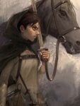  1boy brown_hair capelet chest_harness eren_yeager from_side green_capelet green_eyes harness holding holding_sword holding_weapon horse male_focus mrs.yega_(nai0026er) painting_(medium) paradis_military_uniform shingeki_no_kyojin shirt short_hair sideburns solo sword three-dimensional_maneuver_gear traditional_media upper_body weapon white_shirt 