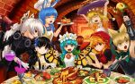  6+girls animal_ears aqua_hair armor black_hair blonde_hair blue_hair bow brown_eyes butterfly_wings chef_hat closed_eyes colored_eyelashes cornelius_(odin_sphere) cornelius_(odin_sphere)_(cosplay) cosplay earmuffs eternity_larva eyebrows_visible_through_hair fairy floppy_ears flower food fork fujiwara_no_mokou gwendolyn_(odin_sphere) gwendolyn_(odin_sphere)_(cosplay) hair_between_eyes hair_bow hair_flower hair_ornament hat head_wreath highres holding holding_food holding_fork holding_knife holding_plate holding_tray houraisan_kaguya junko_(touhou) knife light_brown_hair long_hair mercedes_(odin_sphere) mercedes_(odin_sphere)_(cosplay) multiple_girls myris myris_(cosplay) odin_sphere okema open_mouth orange_eyes orange_hair oswald_(odin_sphere) oswald_(odin_sphere)_(cosplay) parody plate pointy_hair pooka_(odin_sphere) pooka_(odin_sphere)_(cosplay) rabbit_ears red_eyes ringo_(touhou) seiran_(touhou) short_hair smile touhou toyosatomimi_no_miko tray velvet_(odin_sphere) velvet_(odin_sphere)_(cosplay) white_bow white_flower white_hair white_headwear wings yellow_eyes 