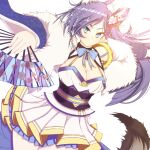  1girl animal_ear_fluff azur_lane blue_eyes breasts cleavage_cutout clothing_cutout dress folding_fan hand_fan highres holding holding_fan jintsuu_(azur_lane) kiyo_(artist) large_breasts layered_dress long_hair looking_at_viewer purple_hair short_dress simple_background tail white_background white_dress wide_sleeves 