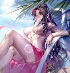  1girl bangs beach beach_chair bikini black_hair blue_sky bracelet breasts chinese_commentary closed_mouth commentary earrings facial_mark fate/grand_order fate_(series) feet_out_of_frame fingernails flower forehead_mark forehead_tattoo hair_flower hair_ornament highres jewelry large_breasts leaf light_smile long_hair looking_at_viewer multicolored_hair necklace outdoors parted_bangs pearl_bracelet pearl_earrings pearl_necklace petals pink_hair pink_nails pink_sarong ponytail qing_yu seashell sesshouin_kiara sesshouin_kiara_(swimsuit_mooncancer)_(fate) shell sidelocks sitting sky solo streaked_hair sunlight swimsuit thighs very_long_hair white_bikini yellow_eyes 