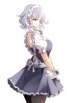 1girl apron back back_bow bangs belt blue_eyes bow bowtie braid breasts brown_legwear closed_mouth collar collared_dress dress eyebrows_visible_through_hair from_behind grey_belt grey_bow grey_bowtie grey_dress grey_hair hair_between_eyes highres izayoi_sakuya looking_at_viewer maid maid_headdress medium_breasts pantyhose puffy_short_sleeves puffy_sleeves raptor7 short_hair short_sleeves simple_background smile solo standing touhou twin_braids white_apron white_background wrist_cuffs 