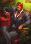  1boy alternate_costume beard collared_shirt couch crossed_legs cup facial_hair fate/zero fate_(series) feet_out_of_frame grey_suit highres holding holding_cup iskandar_(fate) ma2910ko male_focus mature_male muscular muscular_male on_couch pectoral_cleavage pectorals red_eyes red_hair shirt short_hair sitting solo thick_thighs thighs 