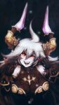  1girl \n/ ahoge bangs bare_shoulders breasts character_name dark_background double_\n/ draph ears_visible_through_hair elbow_gloves fangs feathers gloves glowing gold_trim granblue_fantasy hair_between_eyes highres horn_ornament horns kuon_(kwonchanji) large_breasts long_hair looking_at_viewer open_mouth pale_skin patterned_clothing pink_horns red_eyes signature silver_hair smile solo solo_focus starry_background threo_(granblue_fantasy) upper_body 