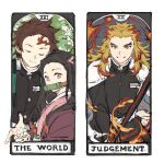  1girl 2boys bangs bit_gag black_hair brown_hair cape closed_eyes fire gag gakuran hair_ribbon highres japanese_clothes judgement_(tarot) kamado_nezuko kamado_tanjirou katana kimetsu_no_yaiba long_hair looking_at_viewer multicolored_hair multiple_boys papajay_(jennygin2) parted_lips pink_eyes red_hair rengoku_kyoujurou ribbon scar scar_on_face school_uniform simple_background sword tarot the_world_(tarot) upper_body weapon white_background yellow_eyes 