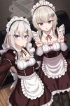  2girls 9a-91_(girls&#039;_frontline) absurdres ahoge ak74m_(girls&#039;_frontline) apron black_legwear blue_eyes blush breasts closed_mouth double_v dress eyebrows_visible_through_hair girls&#039;_frontline hair_between_eyes hair_ornament hairclip highres juliet_sleeves long_hair long_sleeves looking_at_viewer maid maid_headdress multiple_girls open_mouth puffy_sleeves silver_hair smile snowflake_hair_ornament symbol-only_commentary v waist_apron white_apron yakob_labo 