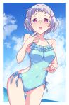  1girl bare_arms bare_shoulders blue_sky blue_swimsuit breasts cloud cloudy_sky collarbone covered_navel day e20 floral_print frilled_swimsuit frills glasses hair_intakes hair_ornament hairclip highres horizon looking_at_viewer medium_breasts ocean open_mouth original print_swimsuit purple_eyes short_eyebrows silver_hair sky solo swimsuit thick_eyebrows 