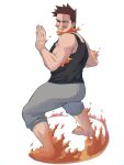  1boy alternate_costume ass bare_arms beard black_tank_top boku_no_hero_academia casual endeavor_(boku_no_hero_academia) facial_hair fire full_body grey_pants male_focus mature_male miso_(mimimiso) muscular muscular_male pants pectorals red_hair scar scar_across_eye scar_on_face short_hair sideburns sidepec solo spiked_hair stubble tank_top thick_thighs thighs white_background 