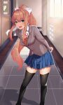  1girl arms_behind_back black_legwear blazer blue_skirt brown_hair brown_jacket doki_doki_literature_club green_eyes hallway highres jacket kamisatoyuu long_hair looking_at_viewer monika_(doki_doki_literature_club) ponytail ribbon school school_hall school_uniform shadow skirt smile solo thighhighs white_ribbon window 