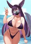  1girl animal_ears bikini black_mask blood_hood blue_sky borrowed_character bracelet breasts checkered_bikini checkered_clothes cleavage cloud commentary cowboy_shot english_commentary glasses hand_up highres horizon huge_breasts jewelry long_hair mask mitsuki_(hanns33694210) mouth_mask navel original outdoors print_mask purple_bikini purple_hair round_eyewear second-party_source shadow sky solo swimsuit tail v very_long_hair white_nails wolf_ears wolf_tail 