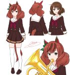  2girls absurdres animal_ears brown_eyes brown_hair brown_serafuku brown_skirt commentary_request ear_bow ear_covers euphonium full_body hibike!_euphonium highres horse_ears horse_girl horse_tail instrument kitauji_high_school_uniform loafers look-alike looking_at_viewer medium_hair multicolored_hair multiple_girls neckerchief nice_nature_(umamusume) noruren oumae_kumiko pink_neckerchief red_hair sailor_collar sailor_shirt school_uniform shirt shoes short_hair skirt standing streaked_hair tail thighhighs umamusume white_legwear white_sailor_collar 