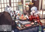  1girl 2022 :3 :o aqua_eyes bangle bangs black_gloves blue_hair blush bottle bracelet breasts choker chopsticks commentary cooking earrings eating egg eyebrows_visible_through_hair food food_focus fur-trimmed_kimono fur_trim furry furry_female furry_male gloves happy_new_year highres indoors japanese_clothes jewelry kimono kotatsu medium_breasts medium_hair nengajou new_year obon original parted_lips sake_bottle sidelocks sitting sukiyaki swept_bangs table tiger zoff_(daria) 