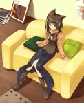  1girl arm_support bangs black_hair black_skirt book boots breasts brown_eyes closed_mouth couch cushion eyebrows_visible_through_hair hat indoors long_sleeves mitsumi_misato original pillow_hat ribbon short_hair sitting skirt sleeves_past_wrists small_breasts solo 