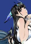  1girl bangs black_hair black_skirt blue_background blue_eyes blunt_bangs breasts expressionless highres horns houden_eizou huge_breasts long_hair looking_at_viewer lying on_stomach original pleated_skirt shirt simple_background skirt sleeveless sleeveless_shirt solo white_shirt 