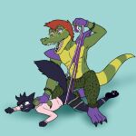  absurd_res alligator alligatorid anthro bottomwear bully bullying butt clothed clothing clothing_pull crocodilian digital_media_(artwork) domestic_cat duo eyewear felid feline felis five_nights_at_freddy&#039;s five_nights_at_freddy&#039;s:_security_breach fur green_body hair hi_res hoodie male male/male mammal mohawk montgomery_gator_(fnaf) pants pants_down partially_clothed pinned purple_body purple_fur ramerooni reptile scalie scottgames simple_background teeth topwear underwear underwear_pull video_games wedgie 