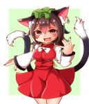  1girl :d \||/ animal_ear_fluff animal_ears blush brown_hair cat_ears chen cowboy_shot fang hand_up haruirokomici hat highres long_hair looking_at_viewer mob_cap nekomata pink_eyes simple_background smile solo touhou 