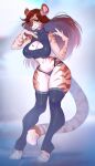  2021 absurd_res anthro biped bottomwear breasts claws cleavage clothed clothing felid female hair hi_res landysh long_hair mammal midriff pantherine simple_background solo standing tiger topwear 