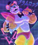  1boy animal_ears bara bear_boy bear_ears black_bow black_bowtie bow bowtie bracelet briefs bulge cowboy_shot cyborg fingernails five_nights_at_freddy&#039;s freddy_fazbear furry furry_male glamrock_freddy glowing glowing_eyes hat head_tilt highres holding holding_microphone jewelry looking_at_viewer male_focus male_underwear microphone mini_hat moch_(kodokumochii) muscular muscular_male pectorals red_male_underwear sharp_fingernails solo spiked_bracelet spikes thick_eyebrows top_hat topless_male underwear 