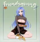  1girl black_shorts blue_eyes blue_hair borrowed_character breasts cleavage dismaiden full_body gradient gradient_background green_background highres large_breasts long_hair minah_(chaesu) original pumpkin_pie shoes shorts signature sitting socks solo white_legwear yellow_footwear 